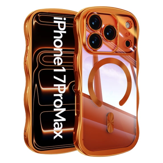 For iPhone 17 Pro Max Magnetic Phone Case,Cute Wavy Electroplated Bumper,Compatible with Mag-Safe,Ultra Slim Shockproof Drop Protection,Anti-Scratch Rugged Thin Fit Phone Case Cover,Orange