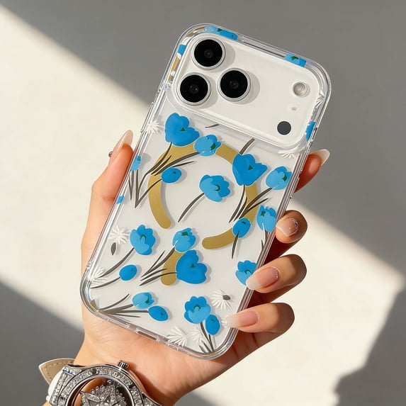 For iPhone 17 Pro Max Magnetic Phone Case,Elegant Floral Print Design,Compatible With Wireless Charging,PC + TPU Hybrid Ultra Slim Shockproof Drop Protection,Anti-Slip Thin Fit Phone Case,E