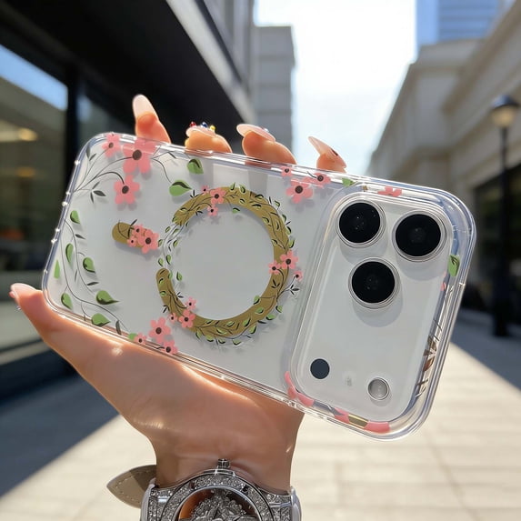 For iPhone 17 Pro Max Magnetic Phone Case,Elegant Floral Print Design,Compatible With Wireless Charging,PC + TPU Hybrid Ultra Slim Shockproof Drop Protection,Anti-Slip Thin Fit Phone Case,C