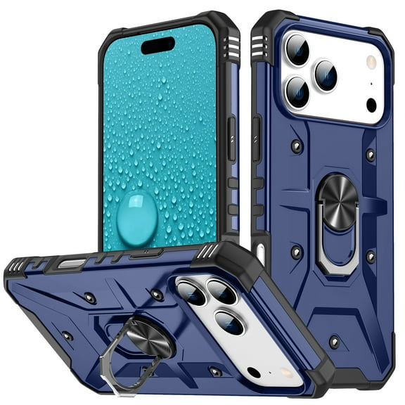 For iPhone 17 Pro Max Magnetic Phone Case,Heavy Duty Shockrpoof Anti-Scratch Protection,With Rotatable Ring Kickstand,Drop Protection,Rugged Durable Phone Case Cover For iPhone 17 Pro Max,Deep Blue