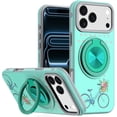 thumbnail image 1 of For iPhone 17 Pro Max Metal Diamond CD Pattern Design Matte Finished Hybrid with Rotational Ring [Car Mount Friendly] Case - Teal Bicycle with Flowers, 1 of 4