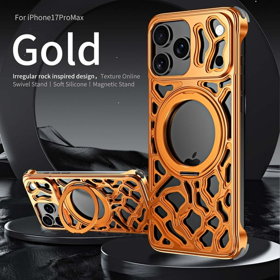 For iPhone 17 Pro Max Metal Frameless Phone Case,Irregular Rock Inspired Design Back,With 360° Rotatable Ring Kickstand,Shockproof Drop Anti-fall Protection,Rugged Phone Case,Orange