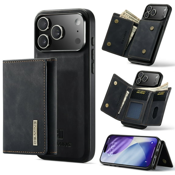 for iPhone 17 Pro Max PU Leather Wallet Case, Classic Detachable Magnetic Back Card Pockets Shockproof Protective Business Kickstand Phone Case Cover for iPhone 17 Pro Max, Black