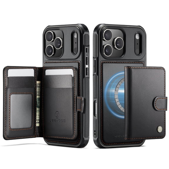 For iPhone 17 Pro Max Phone Case,2-in-1 Magnetic Removable Card Holder,Compatible With Mag-Safe,PU Leather + TPU + PC Hybrid Shockproof Anti-fall Protection,Durable Phone Case,Black