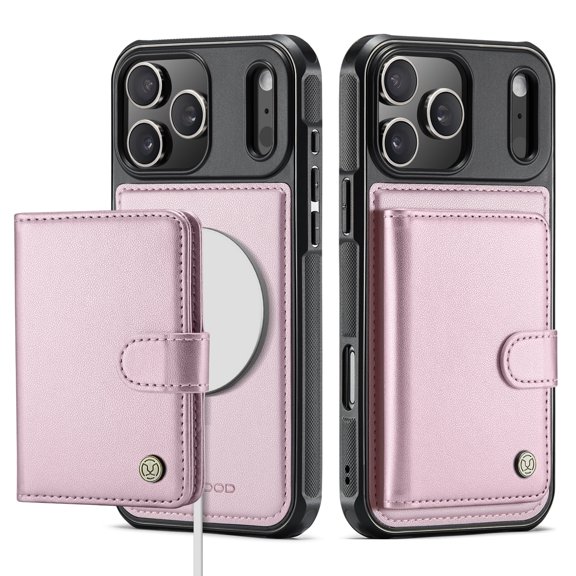 For iPhone 17 Pro Max Phone Case,2-in-1 Magnetic Removable Card Holder,Compatible With Mag-Safe,PU Leather + TPU + PC Hybrid Shockproof Anti-fall Protection,Durable Phone Case,Pink
