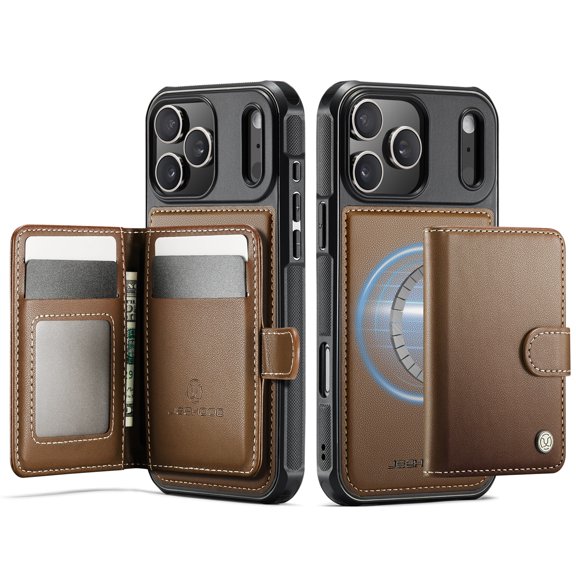 For iPhone 17 Pro Max Phone Case,2-in-1 Magnetic Removable Card Holder,Compatible With Mag-Safe,PU Leather + TPU + PC Hybrid Shockproof Anti-fall Protection,Durable Phone Case,Brown