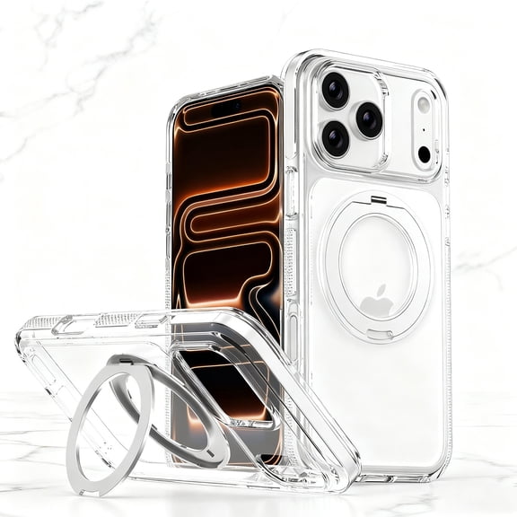 For iPhone 17 Pro Max Phone Case,360° Rotatable Contractile Ring Kickstand,Compatible with Mag-Safe,Crystal Transparent Back,Shokcproof Heavy Duty Anti-fall Drop Protection Phone Case,White