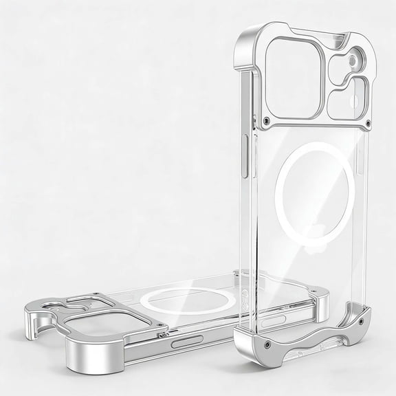 For iPhone 17 Pro Max Phone Case,Compatible with Mag-Safe,Transparent Back Design,Hard PC + Metal Hybrid Shockproof Anti-fall Drop Protection,Durable Rugged Borderless Bumper Phone Case,Silver