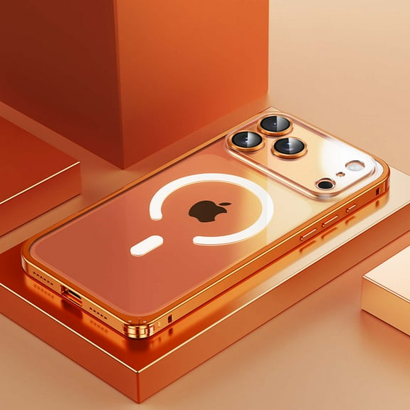 For iPhone 17 Pro Max Phone Case,Compatible with Mag-safe,With Lens Protector,Rugged Anti-Scratch Metal Bumper,Hard PC Transparent Back,Shockproof Ultra Slim Durable Phone Case Cover,Orange