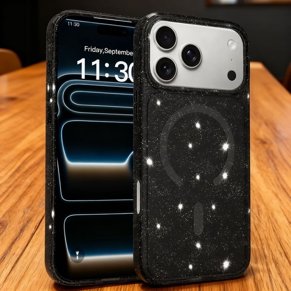 For iPhone 17 Pro Max Phone Case,Compatible With Wireless Charging,Cute Luxury Bling Glitter Back,Ultra Slim Shokcproof Translucent Glitter Lightweight Non-slip,Thin Fit Durable Phone Case,Black