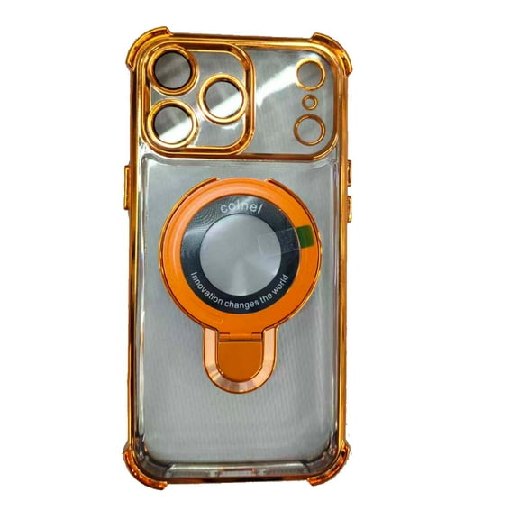 For iPhone 17 Pro Max Phone Case,Logo View Design,With Contractile Ring Kickstand,Transparent Back Electroplated Bumper Hybrid Protection,Ultra Slim Shockproof Anti-fall Phone Case,Orange