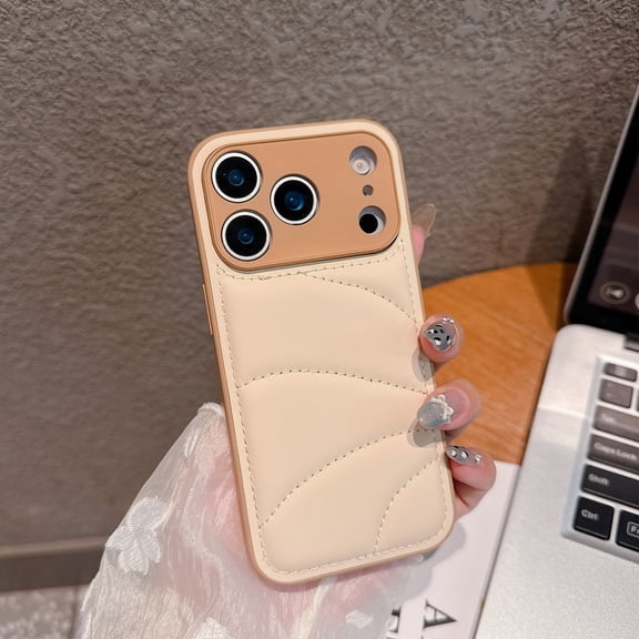 For iPhone 17 Pro Max Phone Case,Quilted PU Leather Back Design,Anti-Scratch Ultra Slim Shockproof Drop Protection,Anti-fall Non-Slip Soft TPU Bumper Durable Thin Fit Phone Case,Khaki