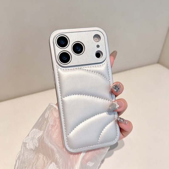 For iPhone 17 Pro Max Phone Case,Solid Color Luxury Down Pure Jacket Design,Puffer Touch PU Leather Back,Anti-Scratch Shockproof Non-Slip Drop Protection Thin Fit Durable Phone Case,Silver