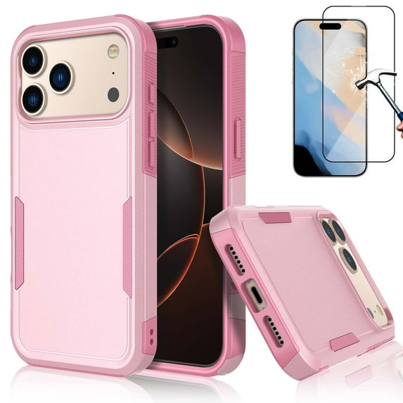 For iPhone 17 Pro Max Phone Case, with Tempered Glass Screen Protector, Heavy Duty Rugged Shockproof Full Body Protection Sturdy Durable Cover Cute Bumper for Apple iPhone 17 Pro Max 5G -Pink