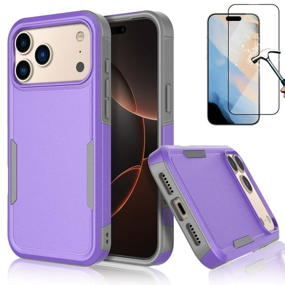 For iPhone 17 Pro Max Phone Case, with Tempered Glass Screen Protector, Heavy Duty Rugged Shockproof Full Body Protection Sturdy Durable Cover Cute Bumper for Apple iPhone 17 Pro Max 5G -Purple