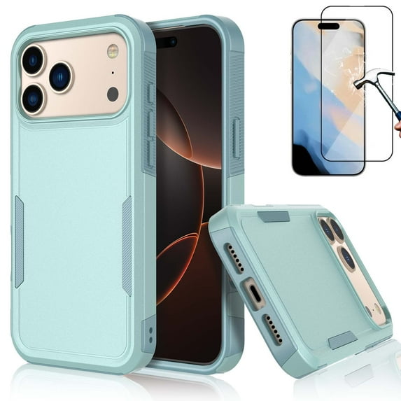 For iPhone 17 Pro Max Phone Case, with Tempered Glass Screen Protector, Heavy Duty Rugged Shockproof Full Body Protection Sturdy Durable Cover Cute Bumper for Apple iPhone 17 Pro Max 5G -Green
