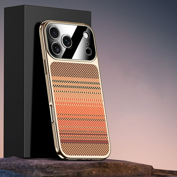 For iPhone 17 Pro Max Phone Case,Ultra Slim Rugged Anti-Scratch Protection,Gradient Fiber Pattern Back,Electroplated Bumper Shockproof Anti-fall Drop Protection Thin Fit Phone Case,Orange
