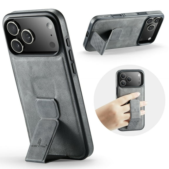 for iPhone 17 Pro Max Phone Case, Vintage Magnetic Finger Hand Wrist Strap Kickstand Shockproof Protective PU Leather Thin Fit Anti-Scratch Cover Compatible with iPhone 17 Pro Max, Gray
