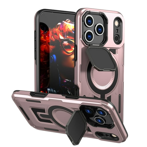For iPhone 17 Pro Max Phone Case,With Contractile Lens Cover Kickstand,Compatible with Mag-safe,Heavy Duty Shockproof Anti-fall Anti-Scratch Drop Protection Durable Phone Case,Rosegold