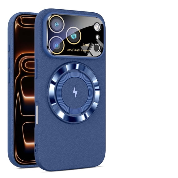 For iPhone 17 Pro Max Phone Case,With Contractile Ring Kickstand,Compatible with Mag-Safe,Built-in Lens Protector,Anti-Scratch PU Leather Back,Shockrpoof Slim Anti-fall Drop Phone Case,Blue