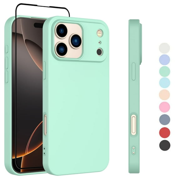 iPhone 17 Pro Max Phone Case,with Tempered Glass Screen Protector, Silicone Shockproof Phone Cover with Anti-Scratch Microfiber Lining,Mintgreen