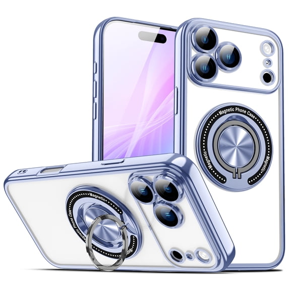 for iPhone 17 Pro Max Protective Clear Back Case with Built-in 360 Degree Rotating Grip Ring Kickstand, Shock-Absorbent TPU PC, Wireless Charging Compatible, Plating Magentic Anti-Scratch, Blue