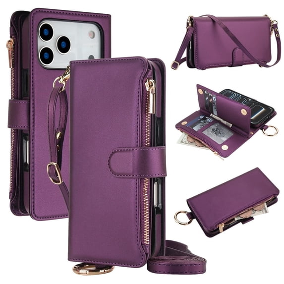 For iPhone 17 Pro Max RFID Blocking Protective Purse Wallet Case Magnetic Flip Cover Multi-Card Slots Zipper Pocket With Metal Ring Buckle Detachable Shoulder Strap And Wrist Strap Phone Case