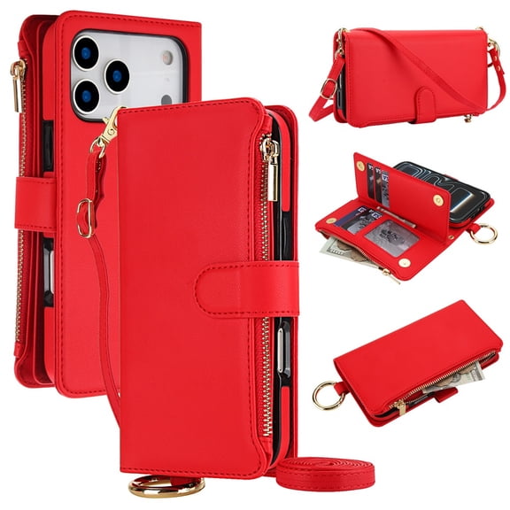 For iPhone 17 Pro Max RFID Blocking Protective Purse Wallet Case Magnetic Flip Cover Multi-Card Slots Zipper Pocket With Metal Ring Buckle Detachable Shoulder Strap And Wrist Strap Phone Case,Red