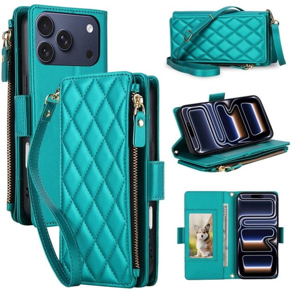 For iPhone 17 Pro Max RFID Blocking Wallet Case, Crossbody Purse Phone Case with 9 Card Slots, Zipper Pocket & Detachable Strap,Green,For iPhone 17 Pro Max