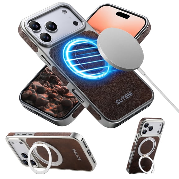 for iPhone 17 Pro Max Ring Stand Case, PU Leather Hybrid Cover Compatible with Mag-Safe, Magnetic Ring Holder, Military-Grade Drop Protection Shockproof Phone Case for iPhone 17 Pro Max, Brown
