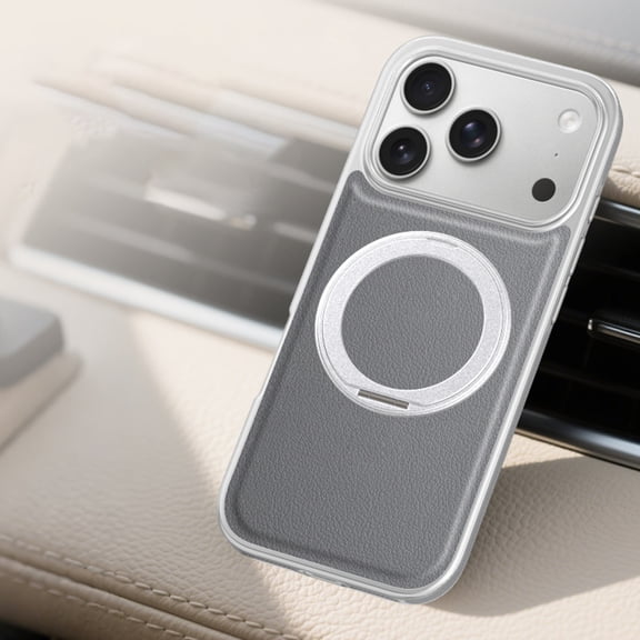 for iPhone 17 Pro Max Ring Stand Case, Protective Slim with Kickstand Shockproof Phone Case, Invisible Stand Lychee Texture Plain PU Leather Phone Cover Compatible for iPhone 17 Pro Max, Gray