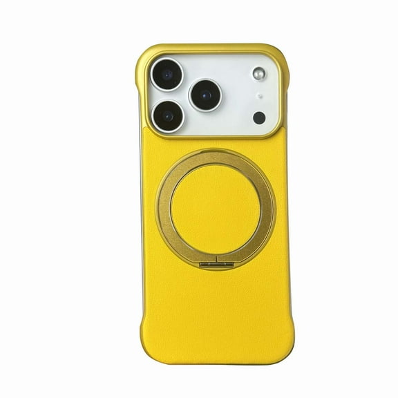 for iPhone 17 Pro Max Ring Stand Case, Slim Tough Rugged Shockproof Protective Cover with Ring Kickstand & Secure Ring Grip, Non-Frame Luxury PU Leather Phone Case for iPhone 17 Pro Max, Yellow