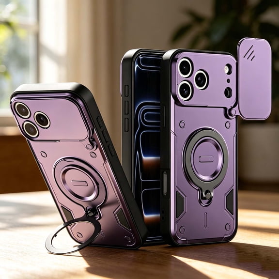 For iPhone 17 Pro Max Rugged Phone Case,360°Rotatable Ring Kickstand,Heavy Duty Shockproof Drop Protection,With Sliding Camera Cover,Non-Slip Anti-Scratch Durable Phone Case Cover,Purple