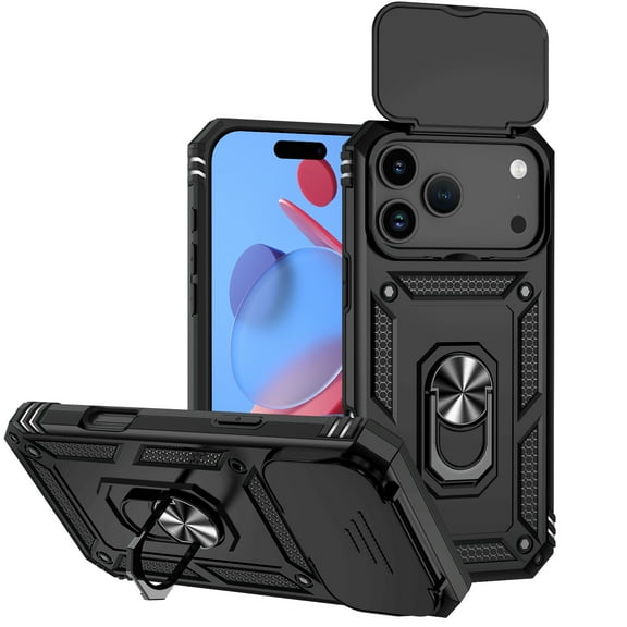 for iPhone 17 Pro Max Rugged Phone Case with Sliding Camera Cover, Kickstand TPU Bumper Drop Proof Durable Military Grade Protective Case Cover for iPhone 17 Pro Max, Black