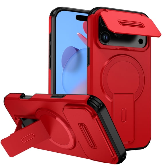 For iPhone 17 Pro Max Rugged Phone Case,With Invisible Kickstand,Compatible with Mag-Safe,With Camera Lens Cover,Shockproof Anti-Scratch Drop Protection Durable Heavy Duty Phone Case,Red