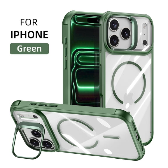 for iPhone 17 Pro Max Transparent Case with Built-in Camera Stash Stand, Compatible with MagSafe, Slim Fit & Lightweight Magnetic Hard Back Anti-Yellow Anti-Fingerprint Shockproof Cover, Green