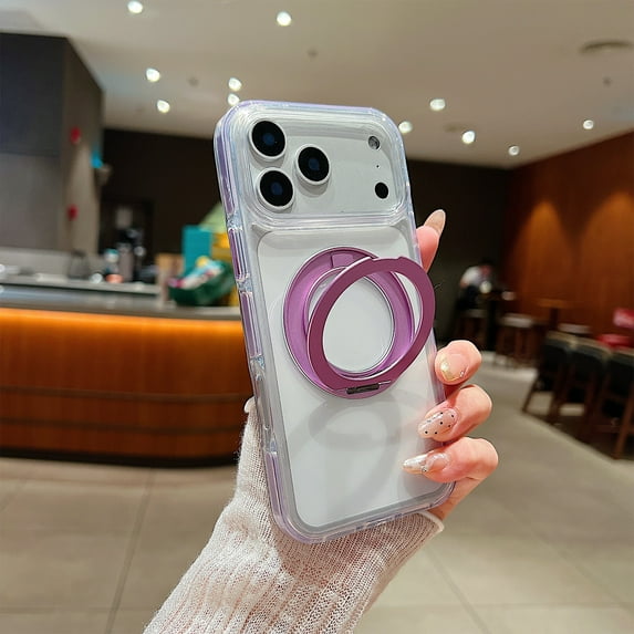 for iPhone 17 Pro Max Transparent Protective Case with 360 Rotating Magnetic Ring Kickstand, Compatible with MagSafe, Anti-Yellow Shockproof Clear PC+TPU Anti-Scratch Anti-Fingerprint Cover, Purple