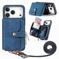 for iPhone 17 Pro Max Wallet Case, Crossbody Phone Purse with Card Holder for Women, Zipper PU Leather Carrying Cover Gift with Shoulder Strap Kickstand Anti-drop for iPhone 17 Pro Max - Blue