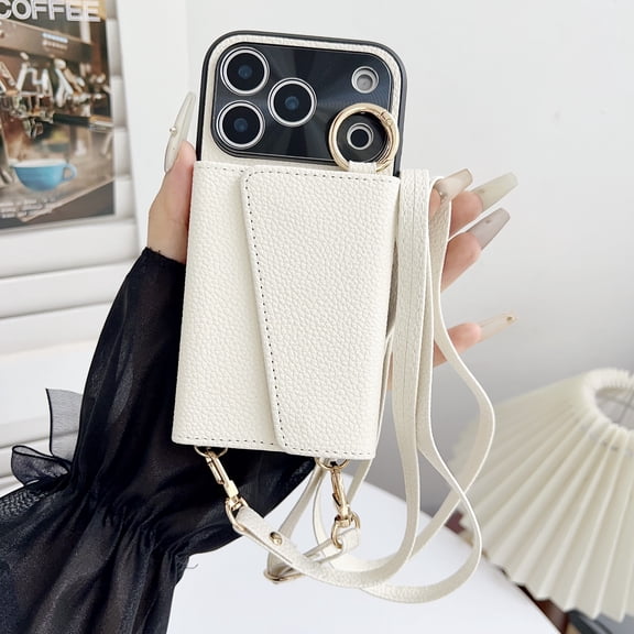 For iPhone 17 Pro Max Wallet Case with Crossbody Strap, [Anti-Fall Strip] [Lens Protection] [Makeup Mirror] Lychee Texture PU Leather Kickstand Card Slots Metal Buckle Shockproof Case, White