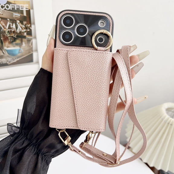 For iPhone 17 Pro Max Wallet Case with Crossbody Strap, [Anti-Fall Strip] [Lens Protection] [Makeup Mirror] Lychee Texture PU Leather Kickstand Card Slots Metal Buckle Shockproof Case, Rosegold