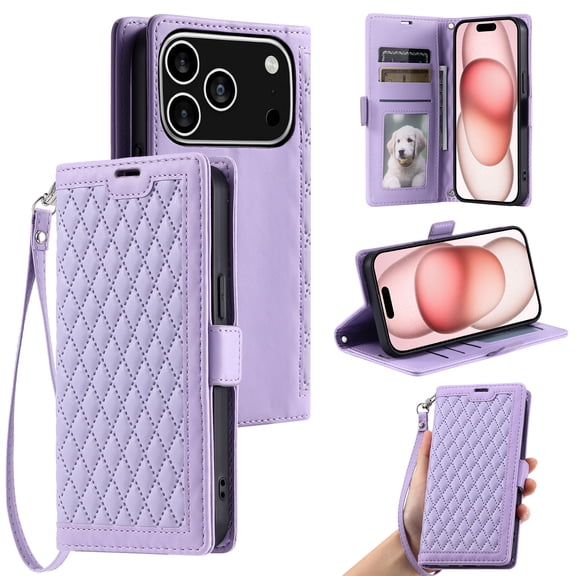 For iPhone 17 Pro Max Wallet Case,Crossbody Strap Diamond Patterned PU Leather Flip Cover with RFID Blcoking Card Slots Cash Pocket Wrist Strap Kickstand Phone Case for Women Girls,Purple
