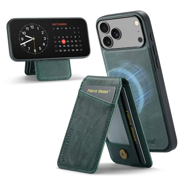 for iPhone 17 Pro Max Wallet Case, Detachable Credit Card Holder [RFID Blocking] [Compatible with MagSafe] Premium PU Leather Kickstand Back Flip Magnetic Clasp Shockproof Case, Green