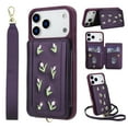thumbnail image 1 of for iPhone 17 Pro Max Wallet Case, Magnetic Snap Flip PU Leather TPU Cover with Flower Design Credit Card Holder Stand Wristband Shoulder Strap Protective Phone Case for Women Girls, Purple, 1 of 9
