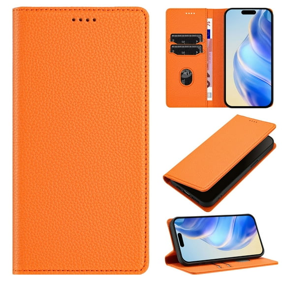 for iPhone 17 Pro Max Wallet Case with RFID Blocking Card Slots, Fashion PU Leather Flip Kickstand Magnetic Phone Cover Women Men, Support Wireless Charging, Full Body Protection - Orange