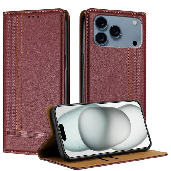 for iPhone 17 Pro Max Wallet Case with RFID Blocking Credit Card Slots, Luxury PU Leather Purse Cover with Kickstand Shockproof Protective Case for iPhone 17 Pro Max, Winered