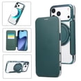 thumbnail image 1 of For iPhone 17 Pro Max Wallet Cell Cover, RFID Blocking, PU Leather,Compatible With MagSafe , With Flip Card Holder, Ultra Thin Electroplated Rotating Bracket Magneti Protective Cover,Green, 1 of 7