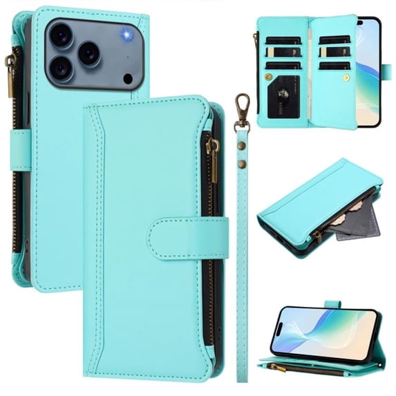 For iPhone 17 Pro Max Wallet Phone Case-PU Leather Magnetic Flip Cover with 9 Credit Card Slots,Zipper Pocket & Detachable Wrist Strap,Shockproof,Mint Green,For iPhone 17 Pro Max