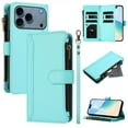 thumbnail image 1 of For iPhone 17 Pro Max Wallet Phone Case-PU Leather Magnetic Flip Cover with 9 Credit Card Slots,Zipper Pocket & Detachable Wrist Strap,Shockproof,Mint Green,For iPhone 17 Pro Max, 1 of 7