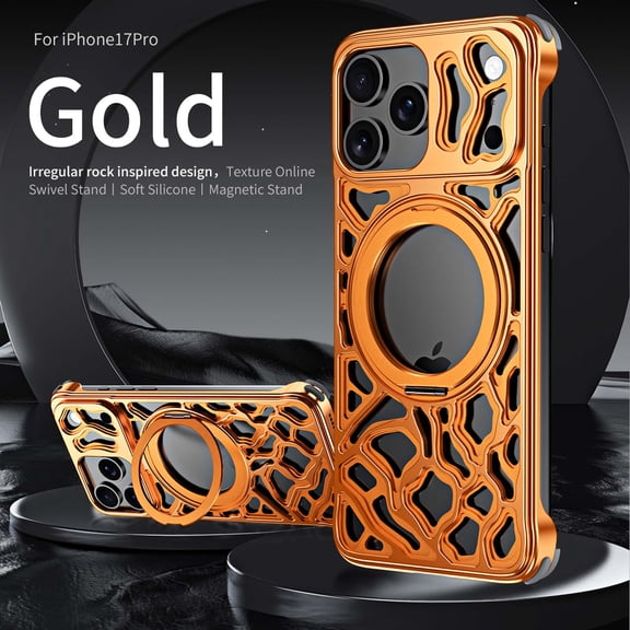 For iPhone 17 Pro Metal Frameless Phone Case,Irregular Rock Inspired Design Back,With 360° Rotatable Ring Kickstand,Shockproof Drop Anti-fall Protection,Rugged Phone Case,Orange