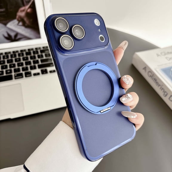 For iPhone 17 Pro Phone Case,360°Rotatable Ring Kickstand,Built-in Camera Lens Protector,Anti-fingerprinting Matte Translucent Soft TPU Shockproof Anti-fall Durable Phone Case,Blue